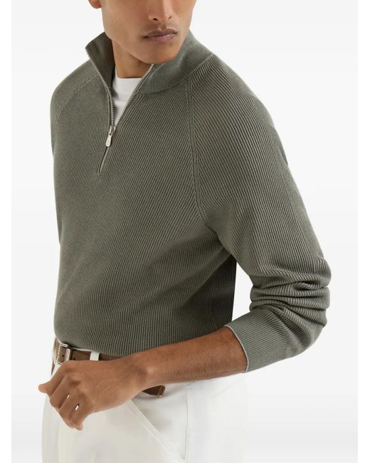 Brunello Cucinelli Geribbelde Trui Met Halve Rits in het Green voor heren