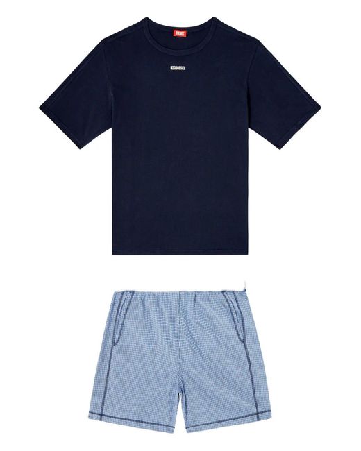 DIESEL Blue Logo-Detail Check-Pattern Pajama Set for men