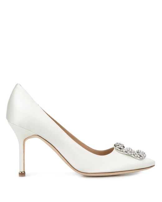 Manolo Blahnik White Hangisi Buckle Pumps
