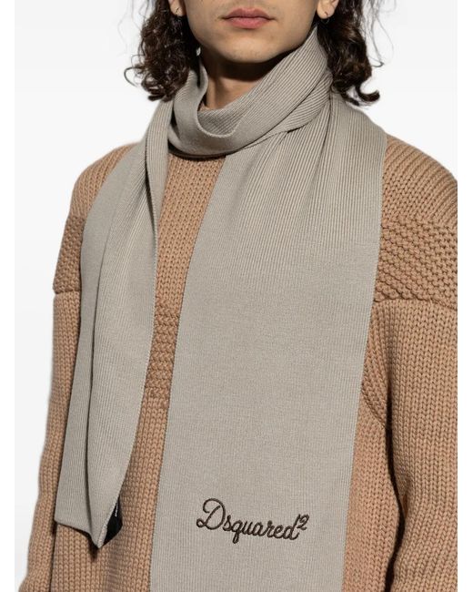 DSquared² Gray Logo-Embroidered Ribbed Scarf for men