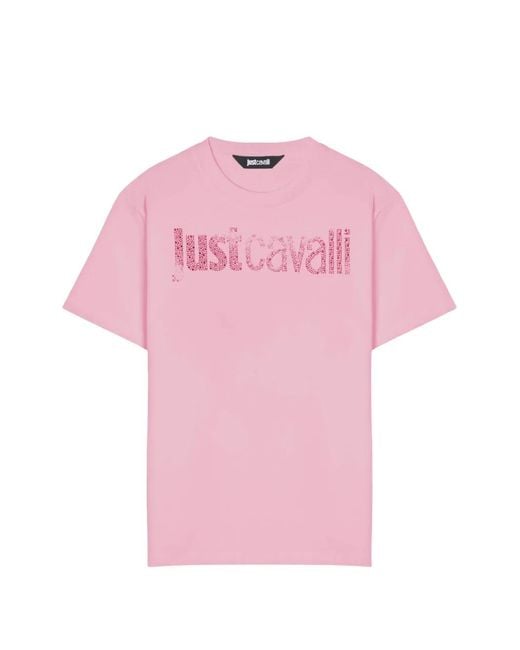 Just Cavalli Pink Crystal-Embellished Logo T-Shirt