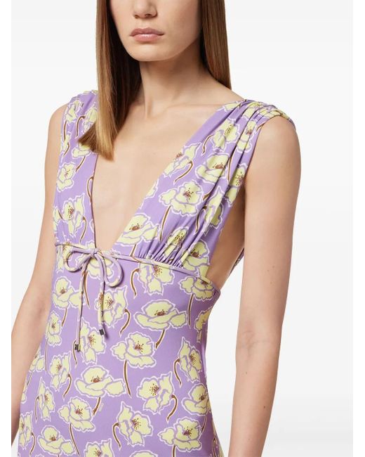 Versace Purple Poppies V-Neck Midi Dress