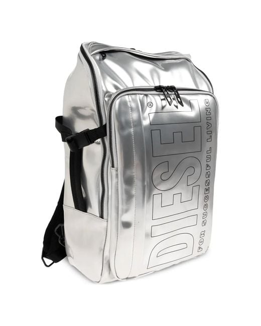 DIESEL Gray Logo-Print Metallic-Effect Backpack
