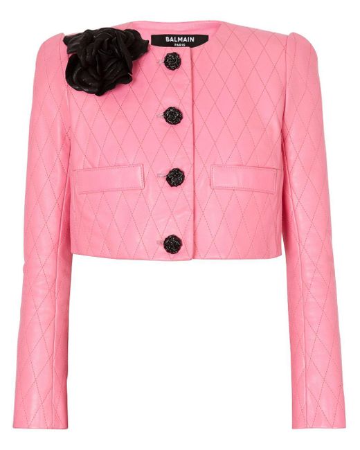 Balmain Pink Diamond-quilted Cropped Leather Jacket