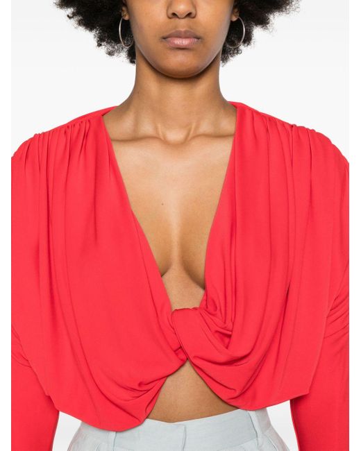 Alice + Olivia Red Twist-detail Ruched Cropped Blouse