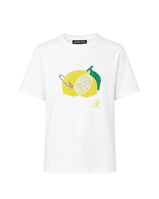Iceberg White T-Shirt Imprimé Citron À Détail Broche