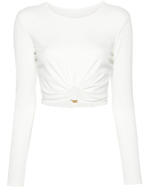 Elisabetta Franchi White Cropped-Pullover mit Logo-Schild
