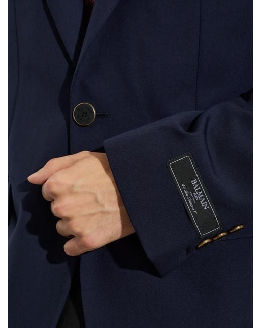 Balmain Blue Logo-Patch Wool Blazer for men