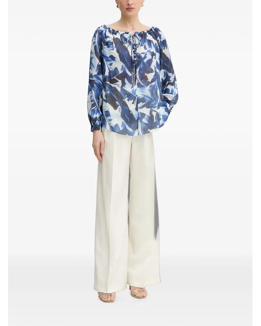 Guess Blue Leaf-Print Ruffled Blouse