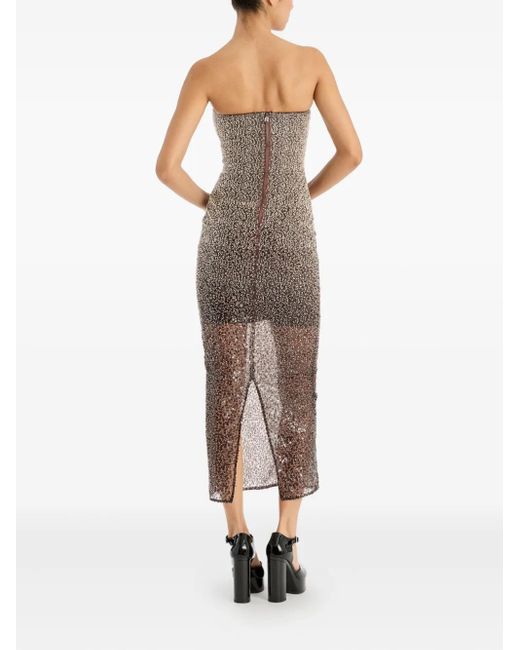 ROTATE BIRGER CHRISTENSEN Brown Beaded Midi Tube Dress