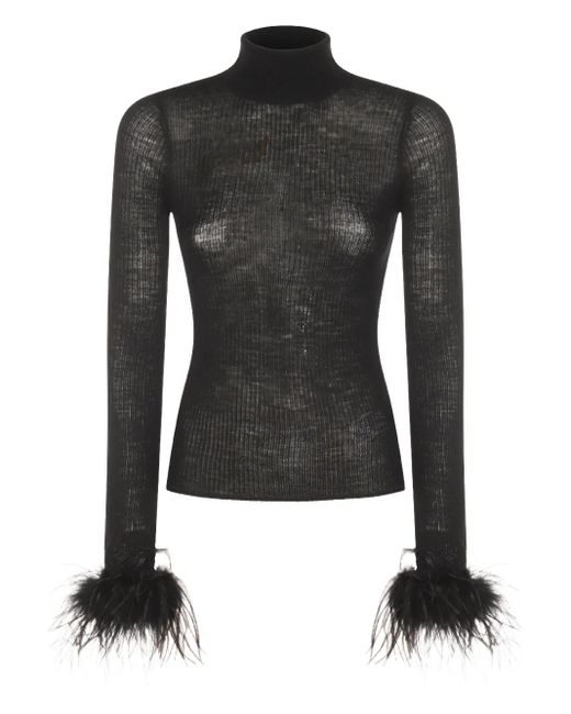 Blumarine Black Feather-Trimmed Ribbed-Knit Jumper
