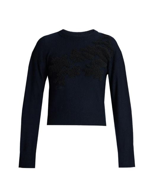 Erdem Blue Fine-Knit Floral-Embroidered Sweater