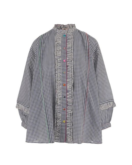 Péro Gray Ruffled Checked Shirt