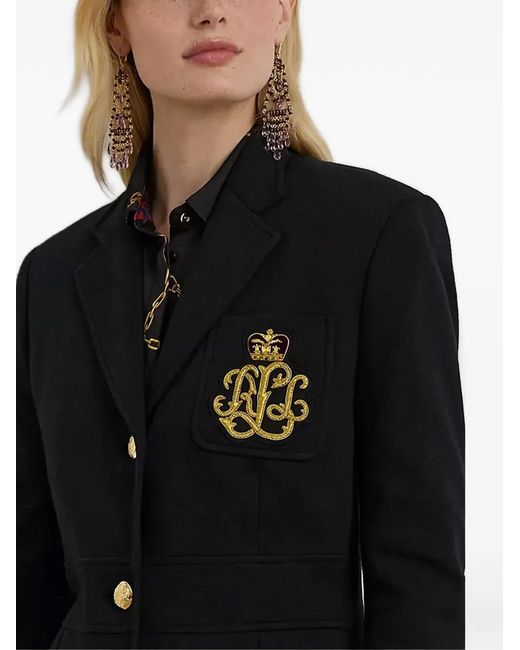 Ralph Lauren Black Embroidered-Detail Buttoned Blazer