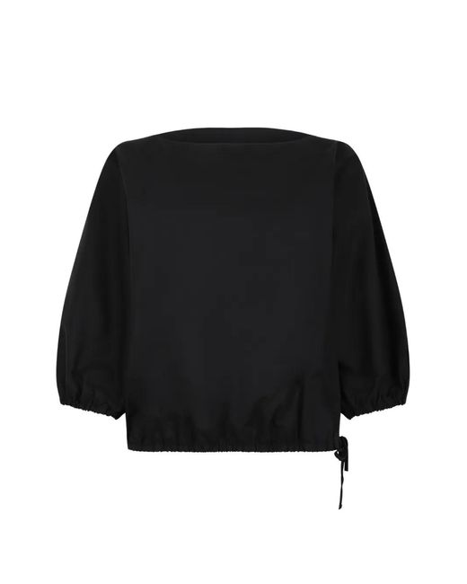 Douuod Black Drawstring-Hem Puff-Sleeve Blouse