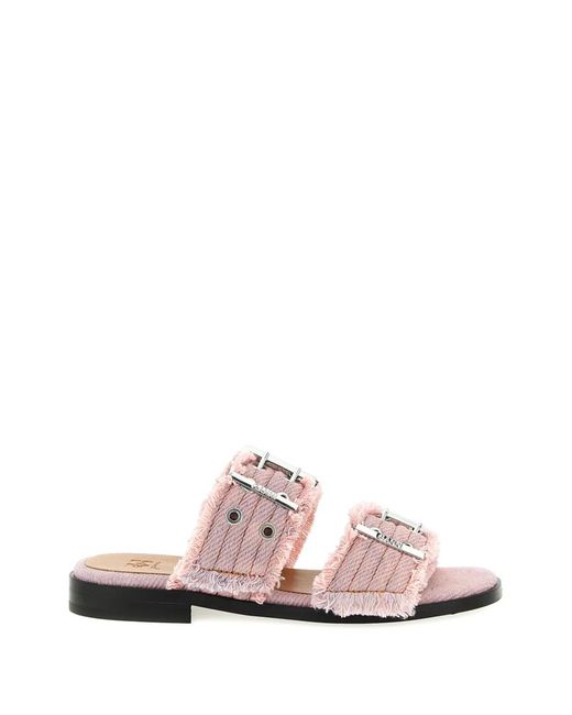 Ganni Pink Fringed Denim Buckle Cameo Textile Sandals