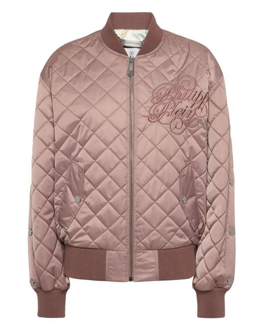 Philipp Plein Pink Quilted Embroidered Bomber Jacket