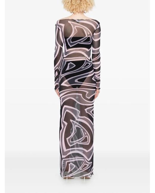 Emilio Pucci White Langärmeliges Maxikleid mit abstraktem Print