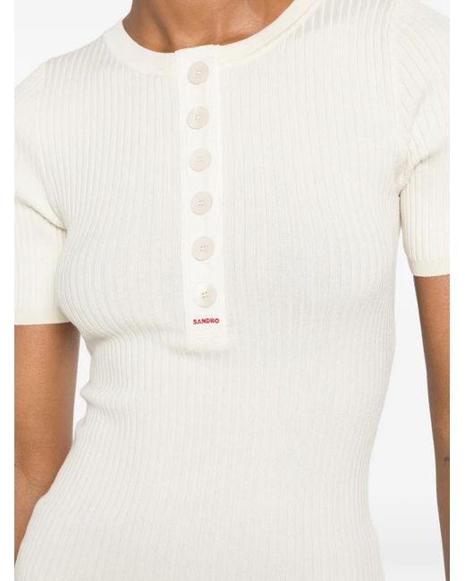 Sandro White Ribbed-Knit Button-Placket Top