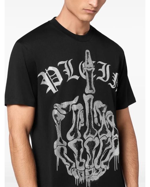 Philipp Plein Black T-Shirt Round Neck Ss Stones Iconic Plein for men