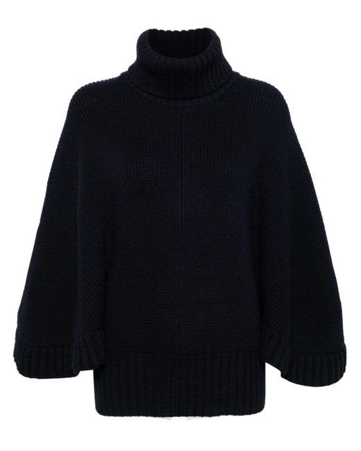 Chloé Blue Ribbed Wool-Cashmere Turtleneck Sweater