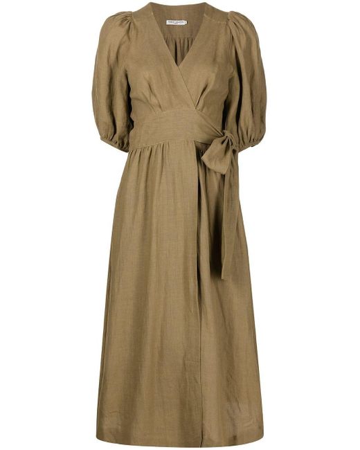 Three Graces London Fiona Puff-sleeved Linen Dress in Brown - Lyst
