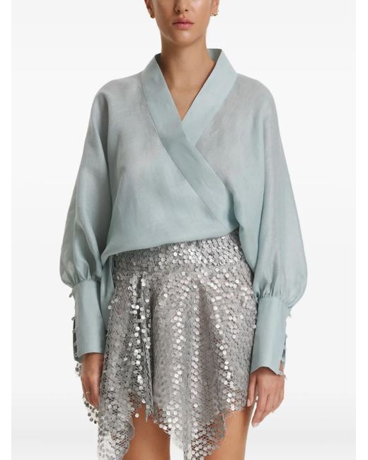 Pink Gewikkelde Top Met Lange Mouwen in het Gray