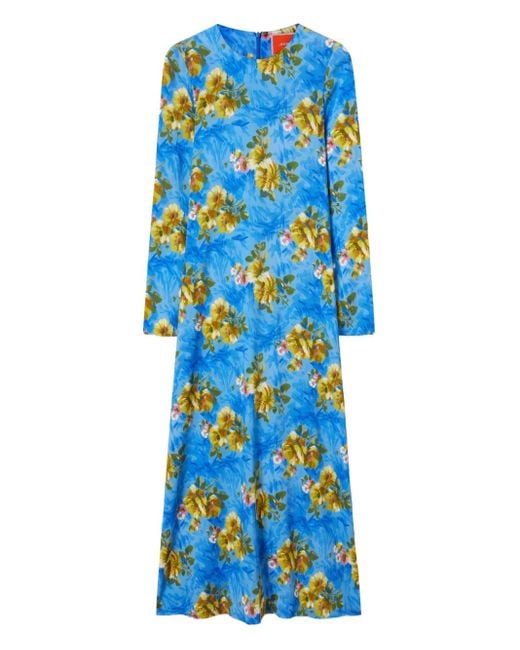 LaDoubleJ Blue Long-Sleeve Floral-Print Maxi Dress