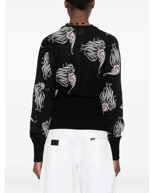 LaDoubleJ Black V-Neck Floral Print Sweater