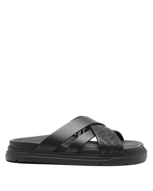 Fendi Gray Cross-Strap Leather Slides for men