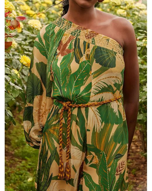 Farm Rio Metallic One-Shoulder Tropical-Print Jumpsuit