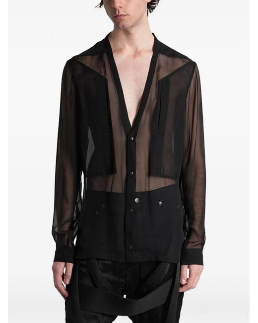 Rick Owens Black Larry Fogpocket Sheer-Finish V-Neck Silk Shirt for men