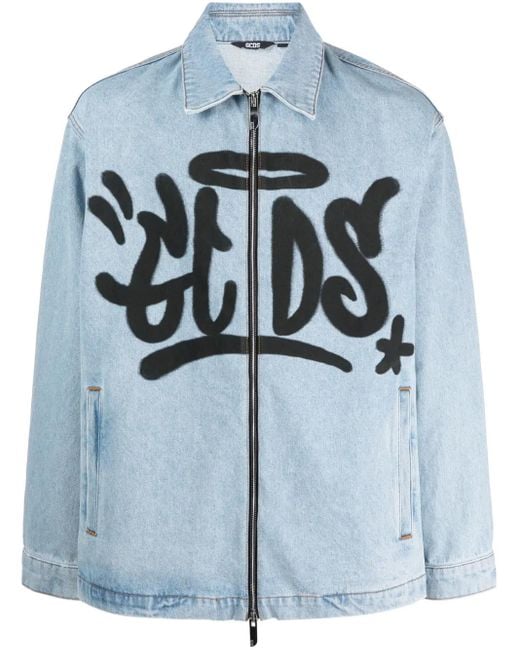 Gcds Blue Grafitti-print Cotton Denim Jacket for men