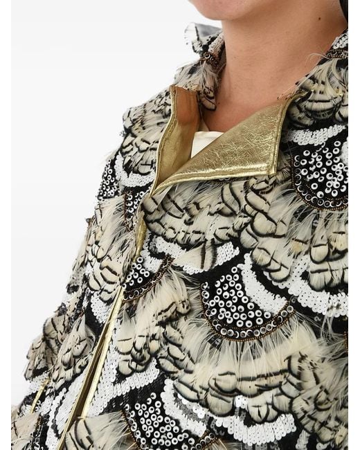 DSquared² Gray Sequin-Embellished Feather-Trimmed Coat