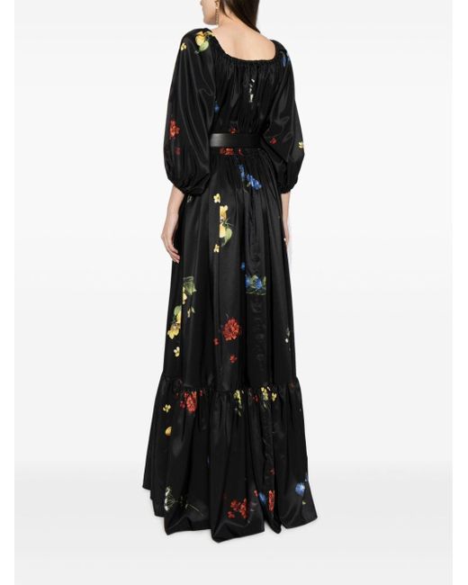 Elie Saab Black Floral-print Satin Maxi Dress