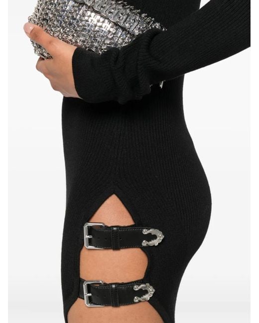 Blumarine Black Ribbed Turtleneck Buckle-Detail Asymmetric Party Dress
