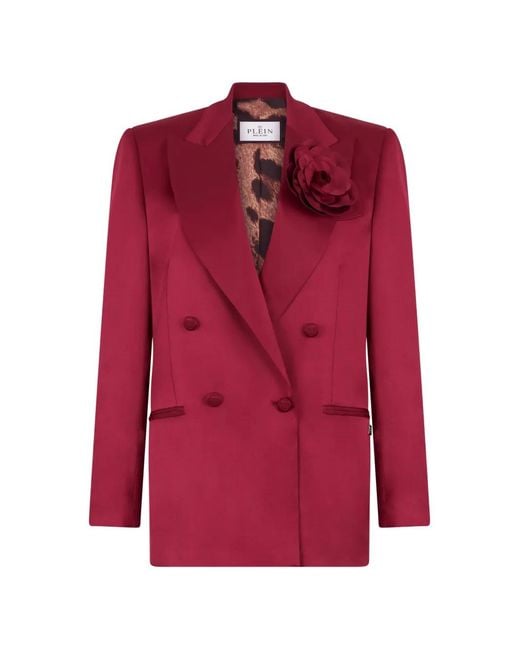 Philipp Plein Red Double-Breasted Floral-Appliqué Blazer