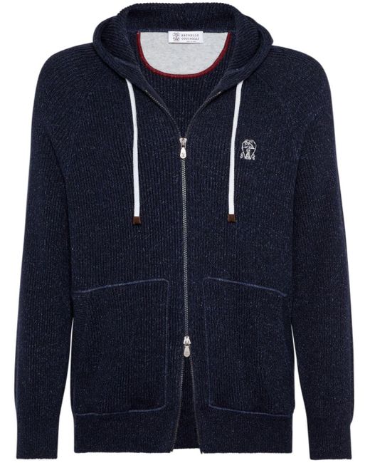 Brunello Cucinelli Blue Ribbed-knit Zip-up Sweatshirt for men