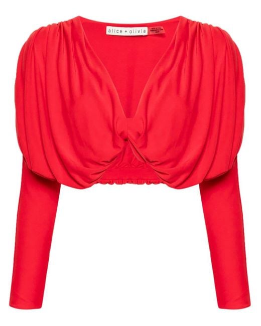 Alice + Olivia Red Twist-detail Ruched Cropped Blouse