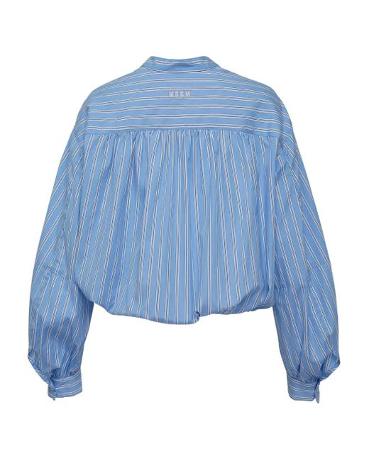 MSGM Blue Balloon-Sleeve Stripe-Pattern Shirt