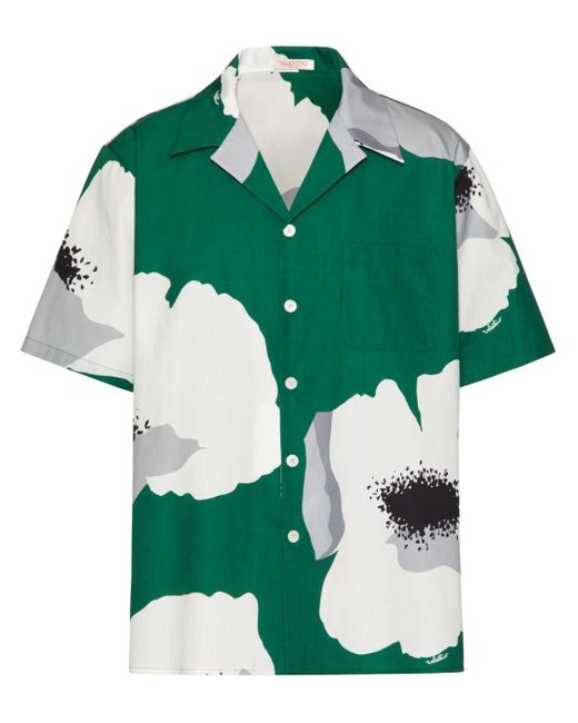 Valentino Garavani Green Flower Portrait-print Bowling Shirt for men