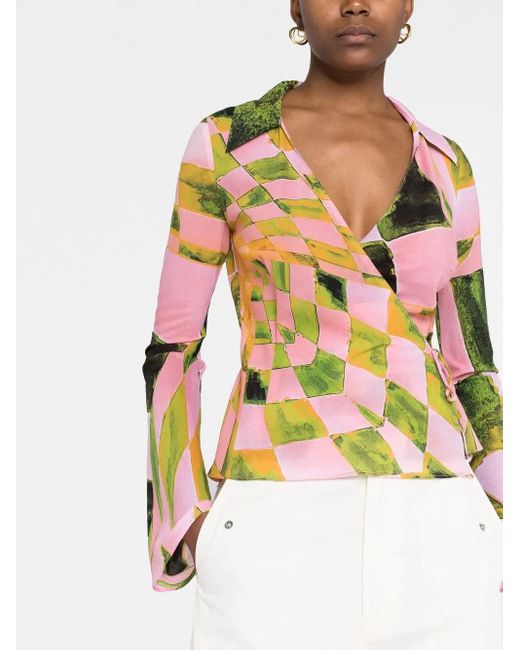 Louisa Ballou Pink Graphic-Print Silk-Blend Wrap Blouse
