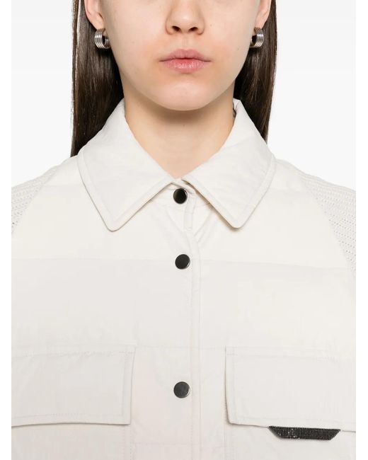 Brunello Cucinelli White Two-Material 'Shiny Flap Detail' Down Jacket
