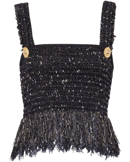 Balmain Black Buttoned Fringed Tweed Cropped Top