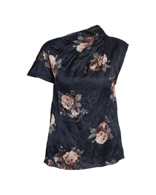 Erdem Blue Floral-Print Draped Blouse