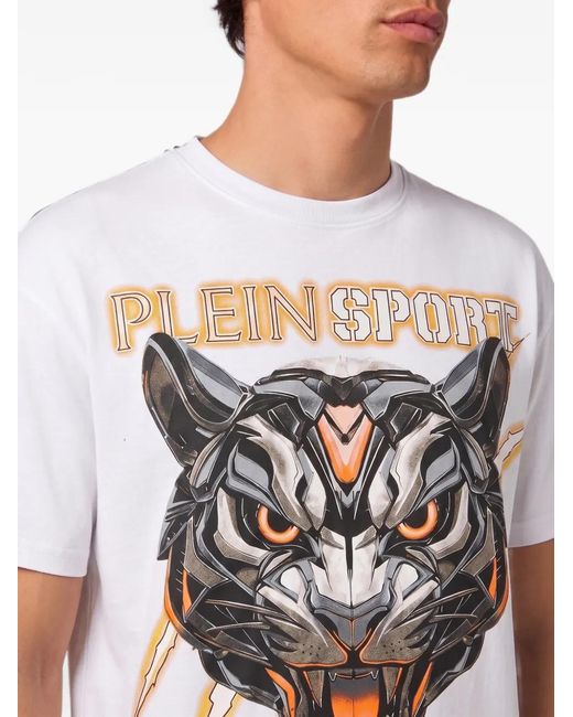 Philipp Plein White Tiger-Print Logo-Print T-Shirt for men