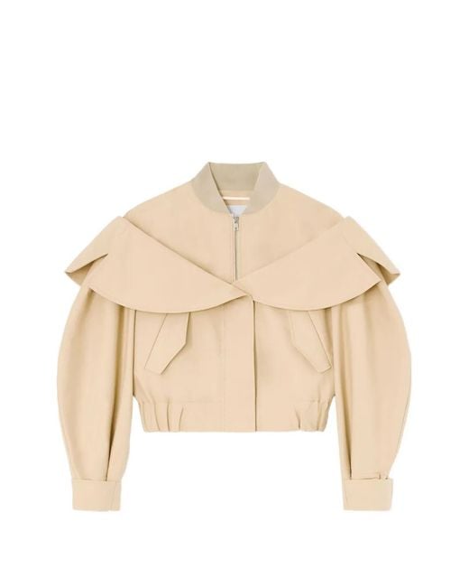 Ganni Natural Wide-Collar Off-Shoulder Cotton Jacket With Curved Sleeves, Zip Closure & Elasticated Waist