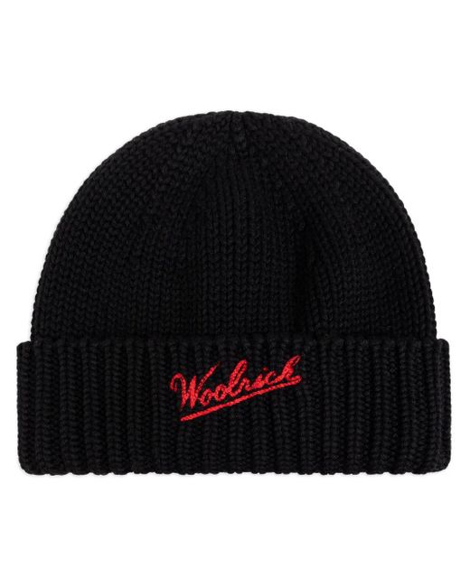 Woolrich Black Logo-Intarsia Beanie for men