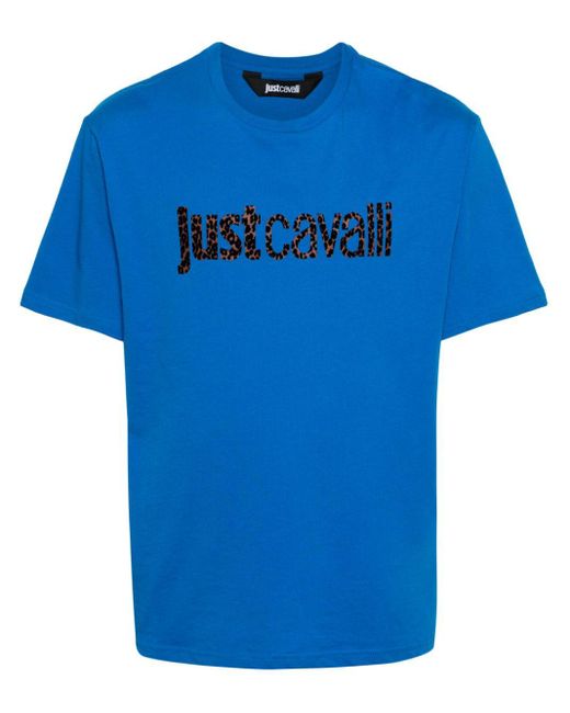 Just Cavalli Blue Flocked-logo Cotton T-shirt for men