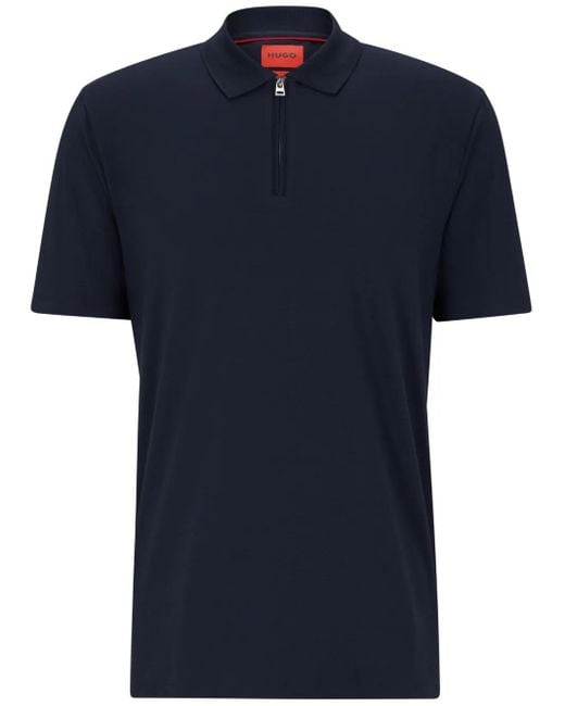 HUGO Blue Zip-Up Short-Sleeve Piqué Polo Shirt for men